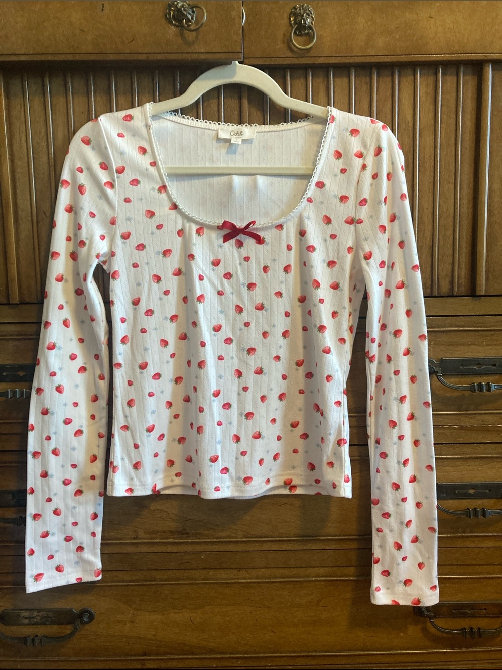 ODDI Strawberry Long Sleeve Top Red Bow Detail
